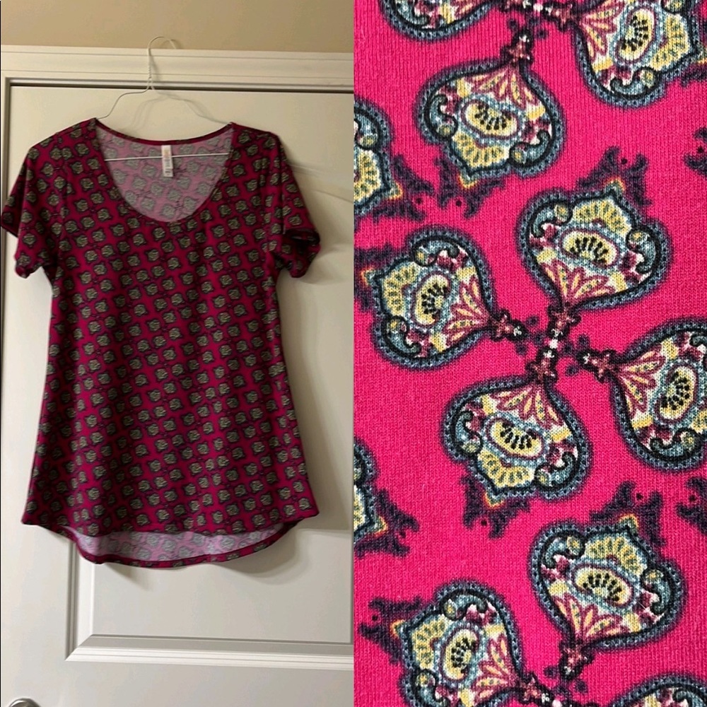 M Classic Shirt. Rich dark pink with teal details.